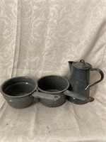 3 Pieces of Granite Ware - lid for 1 pan not shown