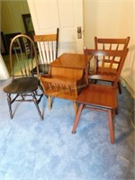 maple, oak & painted side chairs; small table