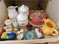 cake plate (chipped), pitchers, butter dishes,