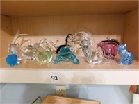 12 glass animal figurines & 2 glass apples