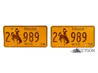 (2) 1974 Wyoming WY Truck License Plates