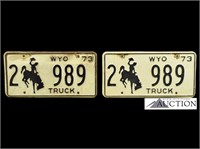 (2) 1973 Wyoming WY Truck License Plates