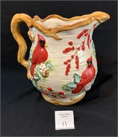 Large Hand Painted Pitcher w/ Red Birds 7.5" x 9"