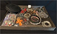 Wooden Tray with Costume Jewelry