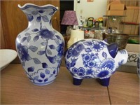 Decorative Blue Floral Vase & Pig Bank