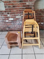 (3) Wooden High Chairs, (2) Booster Seats, & Chair