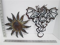 2 Metal Wall Hangings, Dragon & Sun