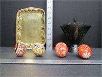 Covered Compote, Gold Tray, 4 Ukrainian Easter Egg