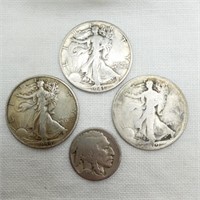3 Walking Liberty Half Dollars + Buffalo Nickel