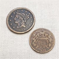 1853 Large Cent + 1864 2 Cent