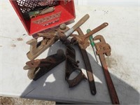 LOT OF ASSORTED TOOLS PLANES, PIPE WRENCH