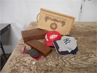 WOODEN BOXES, HATS AND BELT BUCKLE