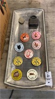 Tray of club pins, padlock and arrowhead