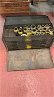 Metal toolbox with 3/4 inch drive sockets and