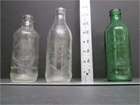 3 Old Pop Bottles, Green 7-Up, Coke, Crush