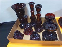 Avon Ruby Red candle holders , vase , bell