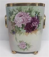 Cachepot with handpainted roses w/ gold bun feet