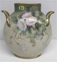 Two handled pillow vase with handpainted morning g