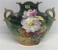 Two handled pillow vase w/ vibrant flowers  ** FEA