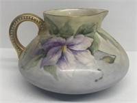 Gold handle pitcher with purple flowers bulbous fo