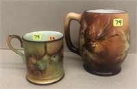 two mugs w/ handpainted pinecones