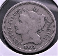 1869 3 CENT PIECE  VG