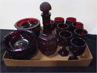 Avon Ruby Red decanter, sm  goblets , bowls