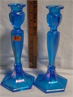 Blue irridesent Glass candle sticks