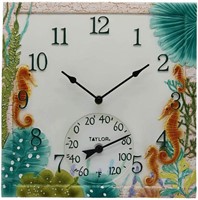14"x14" Poly Resin Seahorse Clock with Thermometer