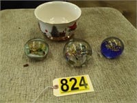 3 Paperweights and Christmas Bowl