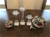 Crystal candle stands and porcelain flowers