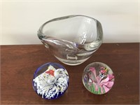 Fostoria bowl, two paperweights