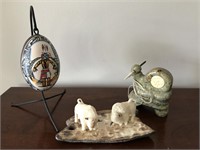 Painted egg, Eskimo art and two small Buffalo