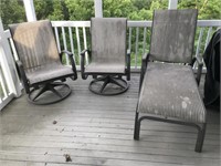 Three outdoor chairs, tables