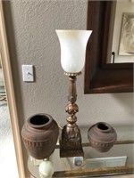 Two decorative ceramic vases and a light