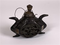 String lid Asian carved wood vessel