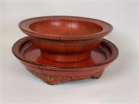 Red lacquer plate stand & bowl