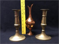 Pair of Brass Candle Holders and Vase