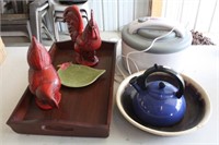 Serving Tray, Roosters, Tea Kettle & Pottery Bowl