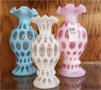3 Fenton coin dot glass vases Cranberry Aqua white