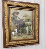 Large ornate wood framed print of old man sitting