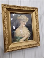 Large ornate gilt framed print of woman with