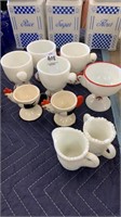 Chicken egg cups and milk glass creamer and sugar