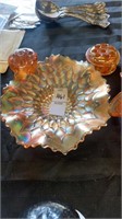 5 pieces carnival glass dishes, flower frogs