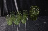 GREEN GLASS PITCHER & GLASSES SET