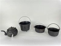 Cast Iron Tea Kettle & 3 Handled Pots