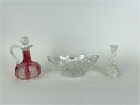 Cut Glass Bowl, Cranberry Decanter, Candlestick