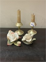 Porcelain Roses & Brass Candlesticks
