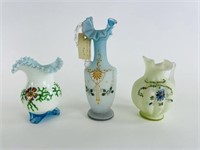 2 Satin Glass Pitchers & Art Glass Vase