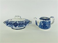 Blue Transferware Tea Pot & Covered Dish